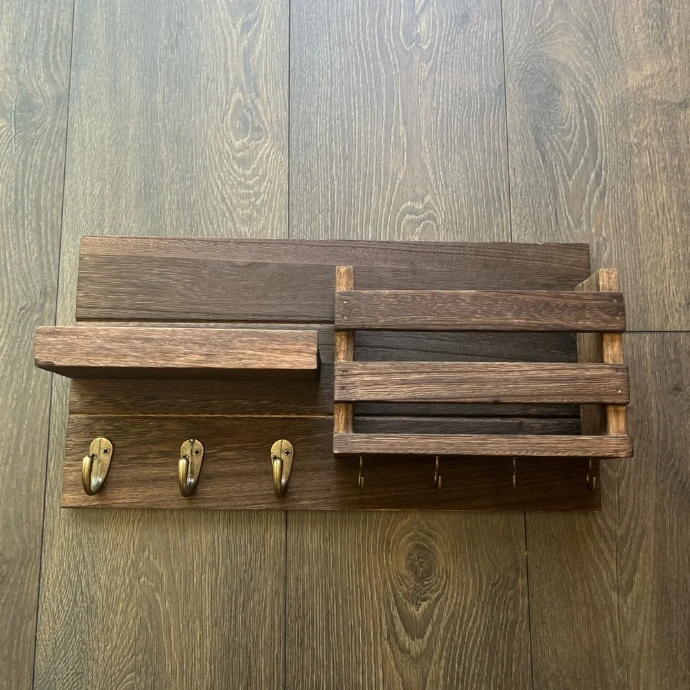 Rustic Wood Wall Organizer with Hooks